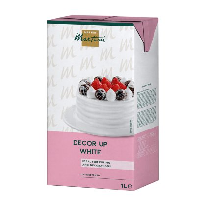 1L carton of Master Martini Decor Up White, unsweetened, with a decorated whipped cream cake topped with strawberries.