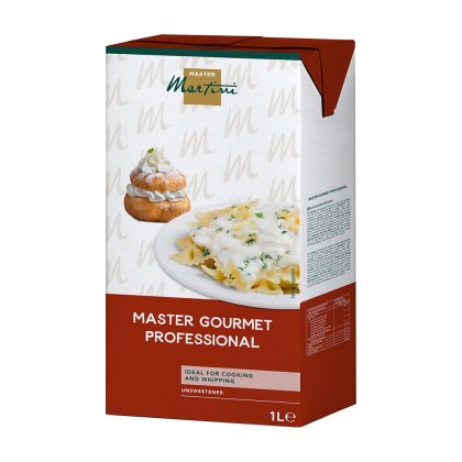 1L carton of Master Martini Master Gourmet Professional unsweetened cream, shown with cream puff and creamy pasta dish.