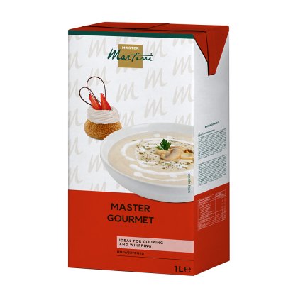 1L carton of Master Martini Master Gourmet cooking cream, unsweetened, shown with a creamy soup and pastry dessert.