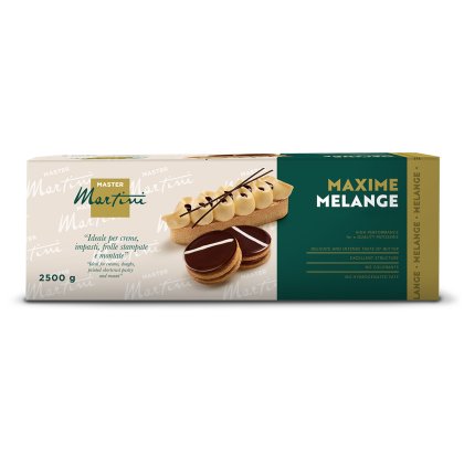 Box of Master Martini Maxime Melange baking fat, 2500g, featuring pastries with chocolate and cream toppings.