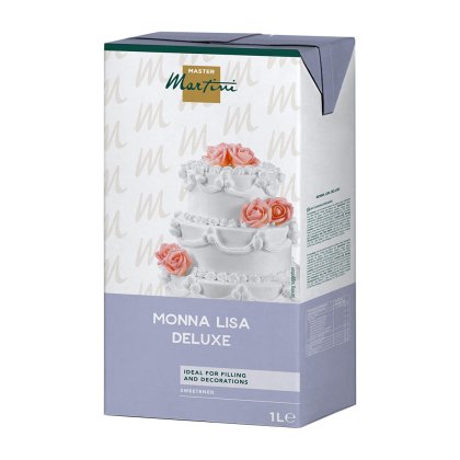 1L carton of Master Martini Monna Lisa Deluxe sweetened topping, featuring a white tiered cake with pink roses.
