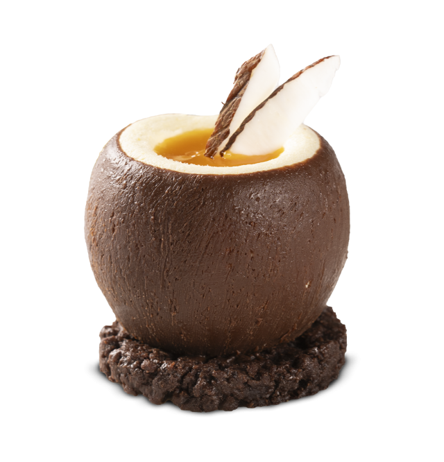 Round chocolate dessert shell filled with orange curd, garnished with thin white and dark shard toppers, on a cookie ...