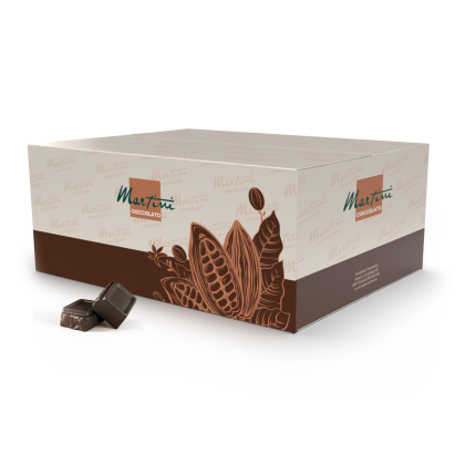Cream and brown box of Martini Cioccolato with cacao pod graphics, beside two dark chocolate squares on white backgro...