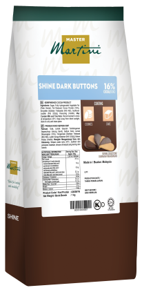 Master Martini Shine Dark Buttons 16% cocoa product packaging bag, brown and white with green top and cookie icons.