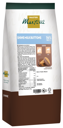 Package of Master Martini Shine Milk Buttons 14% milk coating, 1kg, for cookies and cake, teal and brown packaging.