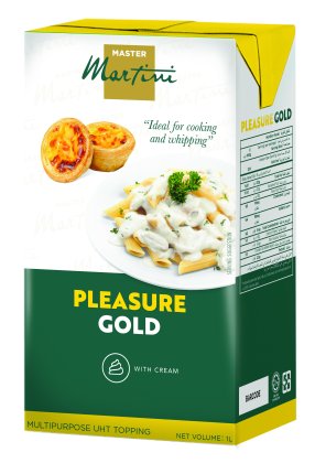 Master Martini Pleasure Gold UHT cream topping carton, 1L, with pastel de nata and creamy pasta images on packaging.