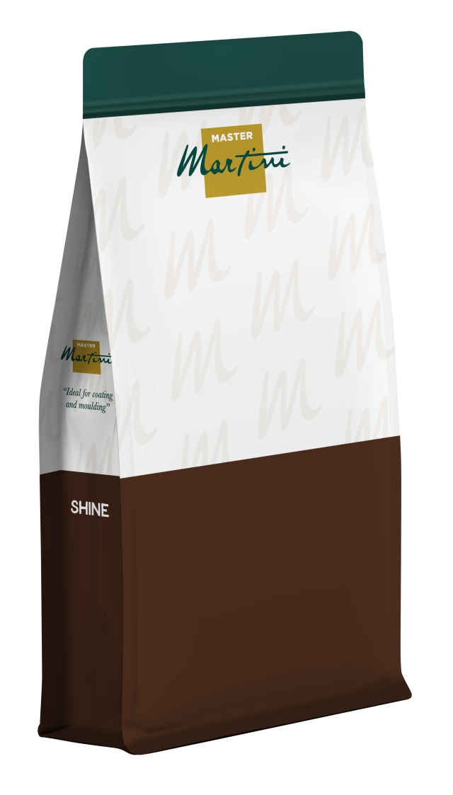 Master Martini "Shine" product bag with dark green top, white middle section with logo, and brown lower section.
