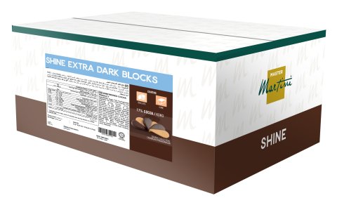 White and brown box labeled "Shine Extra Dark Blocks" by Master Martini, with 17% cocoa coating details and nutrition...