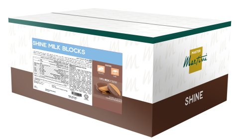 Brown and white box of Master Martini Shine Milk Blocks, labeled 14% milk with coating and nutrition info.