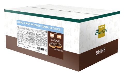 Master Martini Shine Super Intense Dark Blocks box with chocolate coating icons and two glazed donut images, brown an...