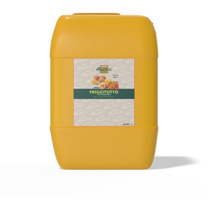 Yellow plastic jug of Master Martini Friggitutto palm superolein frying oil with fried food images on label.