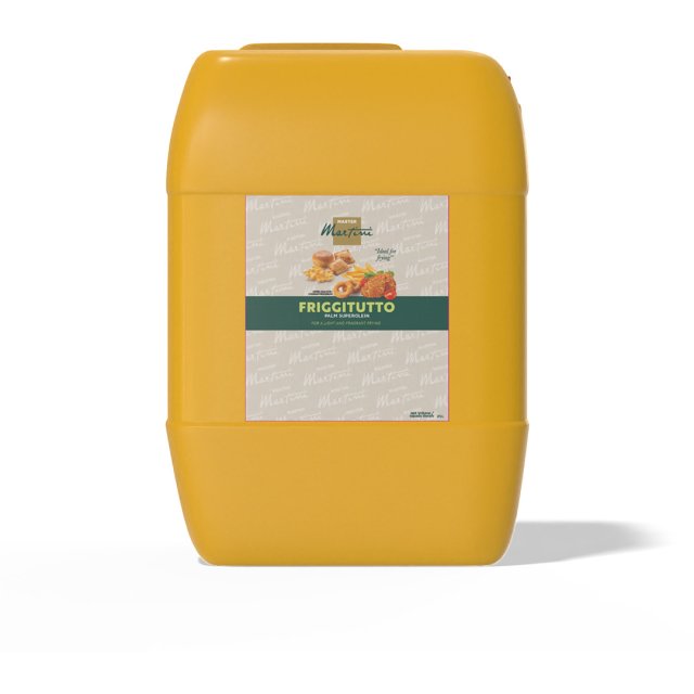 Yellow plastic jug of Master Martini Friggitutto palm superolein frying oil with fried food images on label.