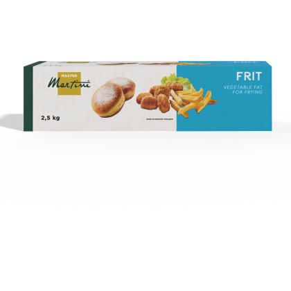 Box of Master Martini Frit vegetable frying fat, 2.5 kg, showing doughnuts, fried nuggets, and fries.