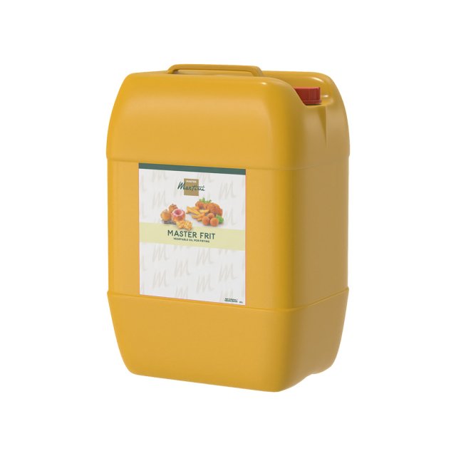 Yellow plastic jerry can container of Master Frit vegetable frying oil with a red cap and carrying handle.