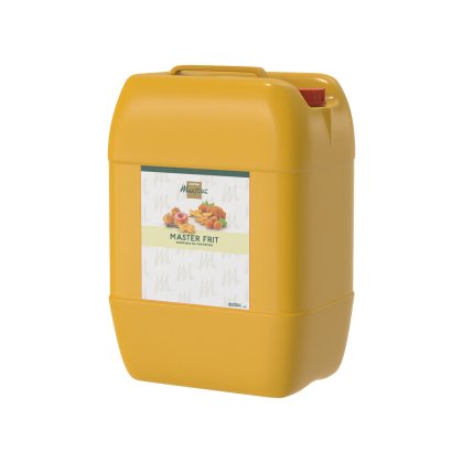 Yellow plastic jerry can container of Master Frit vegetable frying oil with a red cap and carrying handle.